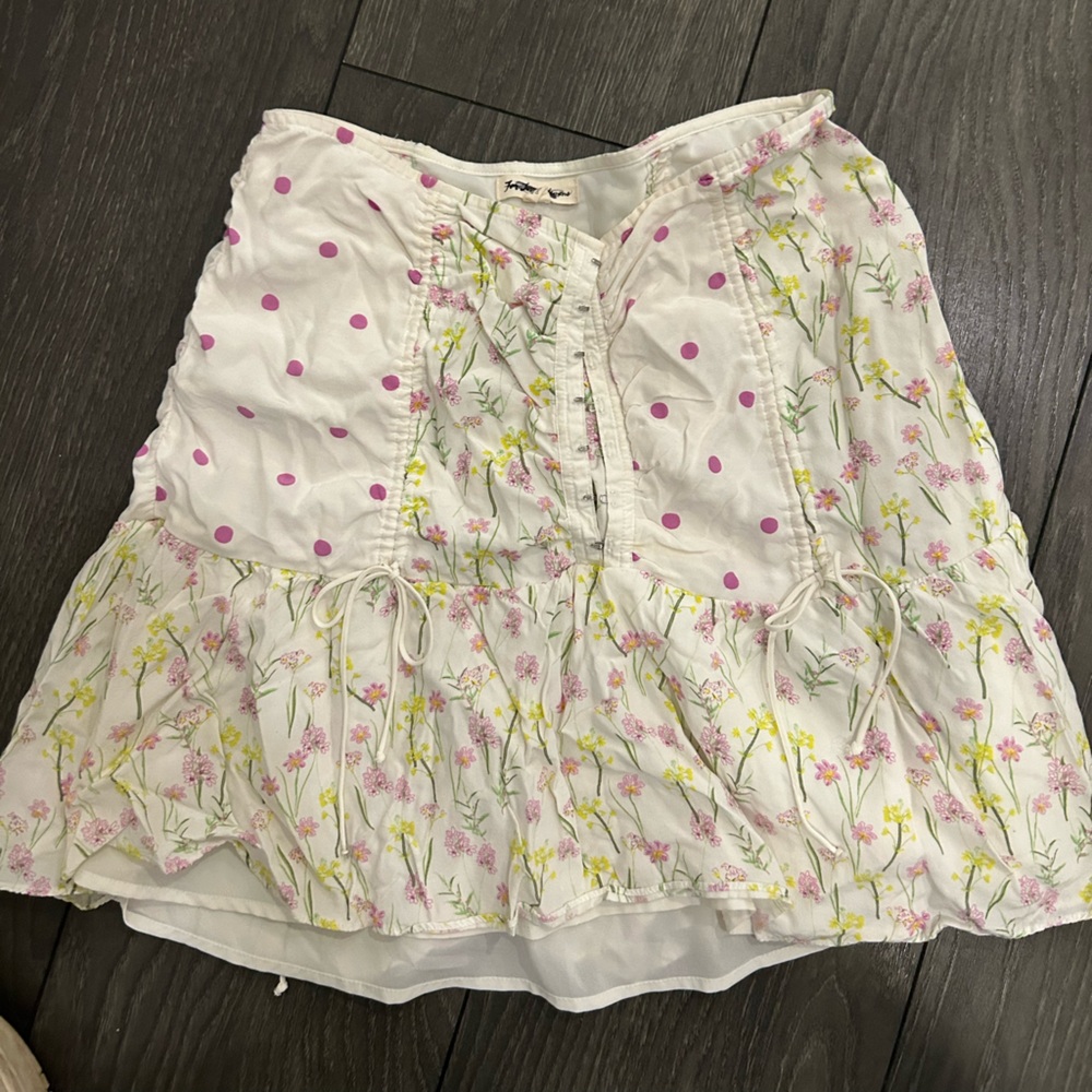 For Love & Lemons White Mini Skirt with Pink Polka Dots and Yellow Floral Print